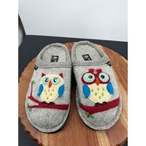 Haflinger Owl Wool Slippers Women 38 Gray Excellent Boiled Wool Slip On Clogs